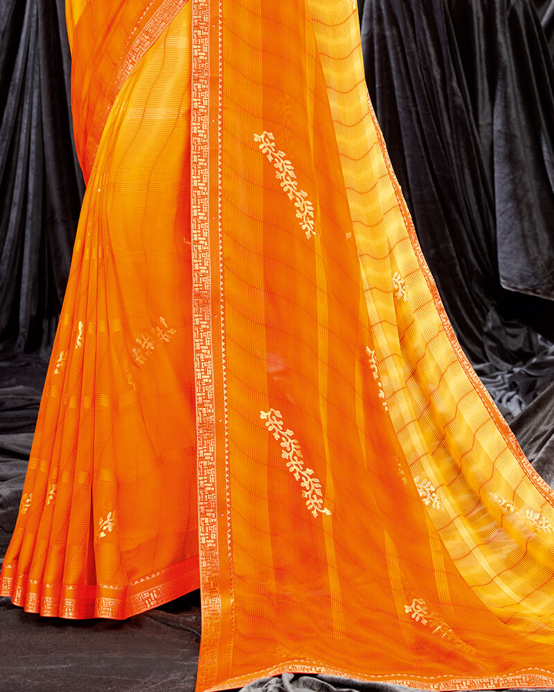 Vishal Prints Yellow And Orange Georgette Saree With Foil Print And Jari Border
