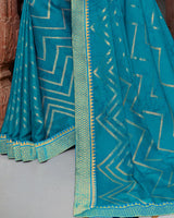 Vishal Prints Turq Blue Chiffon Saree With Foil Print And Jari Border