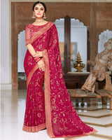 Vishal Prints Cherry Pink Chiffon Saree With Foil Print And Jari Border