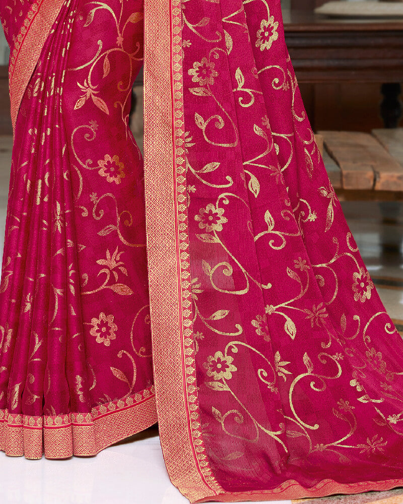 Vishal Prints Cherry Pink Chiffon Saree With Foil Print And Jari Border