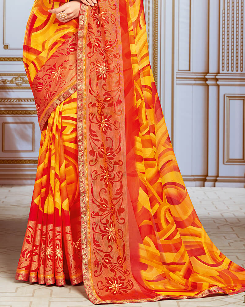 Vishal Prints Yellow And Orange Chiffon Saree With Weaving Work And Jari Border