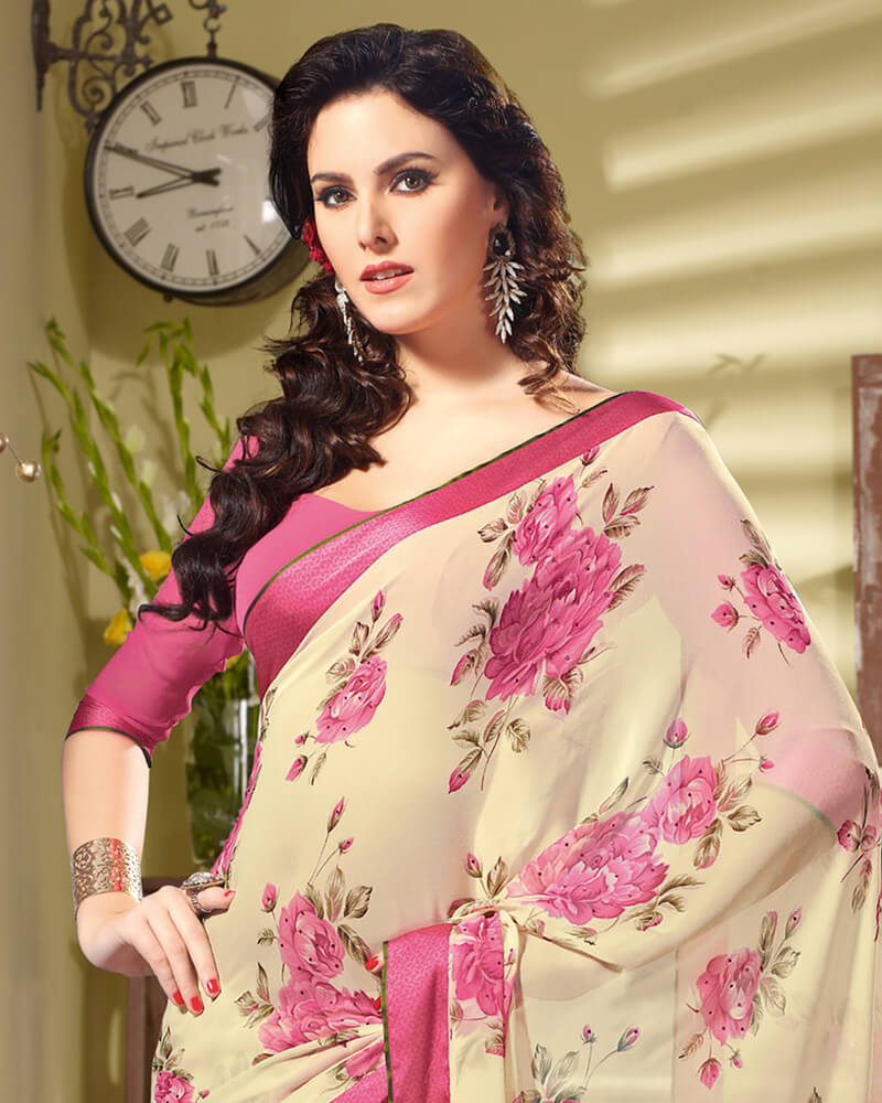 Vishal Prints Cream And Pink Georgette Saree With Border