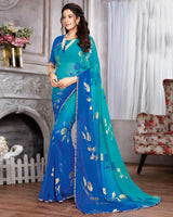 Vishal Prints Turq Blue And Royal Blue Georgette Saree With Jari Border