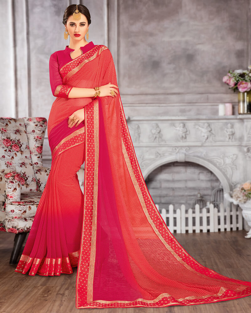 Vishal Prints Red And Orange Georgette Saree With Border