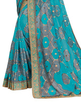 Vishal Prints Dark Turquoise Blue Brasso Saree With Foil Print And Jari Border