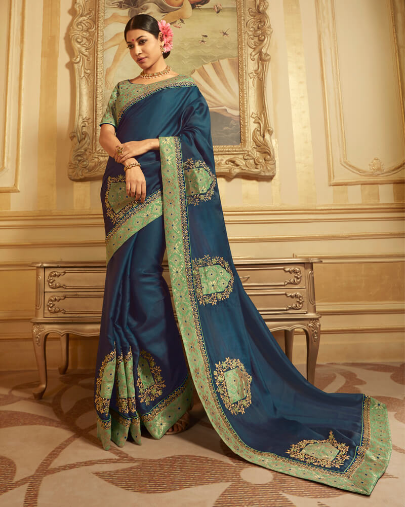 Vishal Prints Peacock Green Art Silk Saree With Embroidery Work