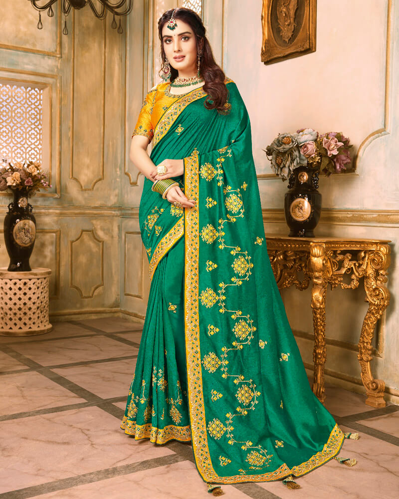 Vishal Prints Green And Mustard Silk Saree With Embroidery Work And Jari Border