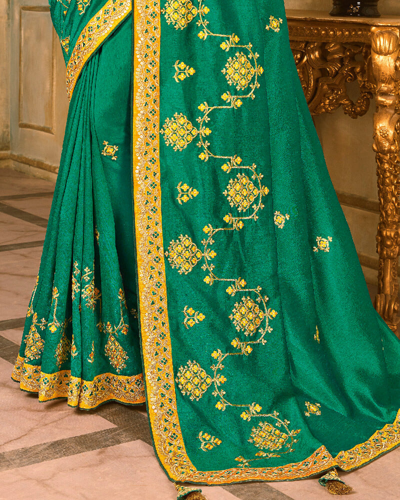 Vishal Prints Green And Mustard Silk Saree With Embroidery Work And Jari Border