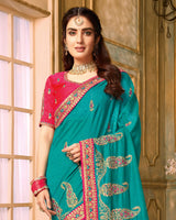 Vishal Prints Turq Blue And Pink Silk Saree With Embroidery Work And Jari Border