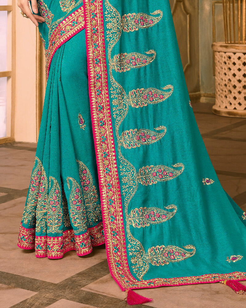 Vishal Prints Turq Blue And Pink Silk Saree With Embroidery Work And Jari Border