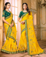 Vishal Prints Yellow And Green Silk Saree With Embroidery Work And Jari Border