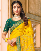 Vishal Prints Yellow And Green Silk Saree With Embroidery Work And Jari Border