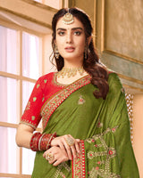 Vishal Prints Mehandi Green And Red Silk Saree With Embroidery Work And Jari Border