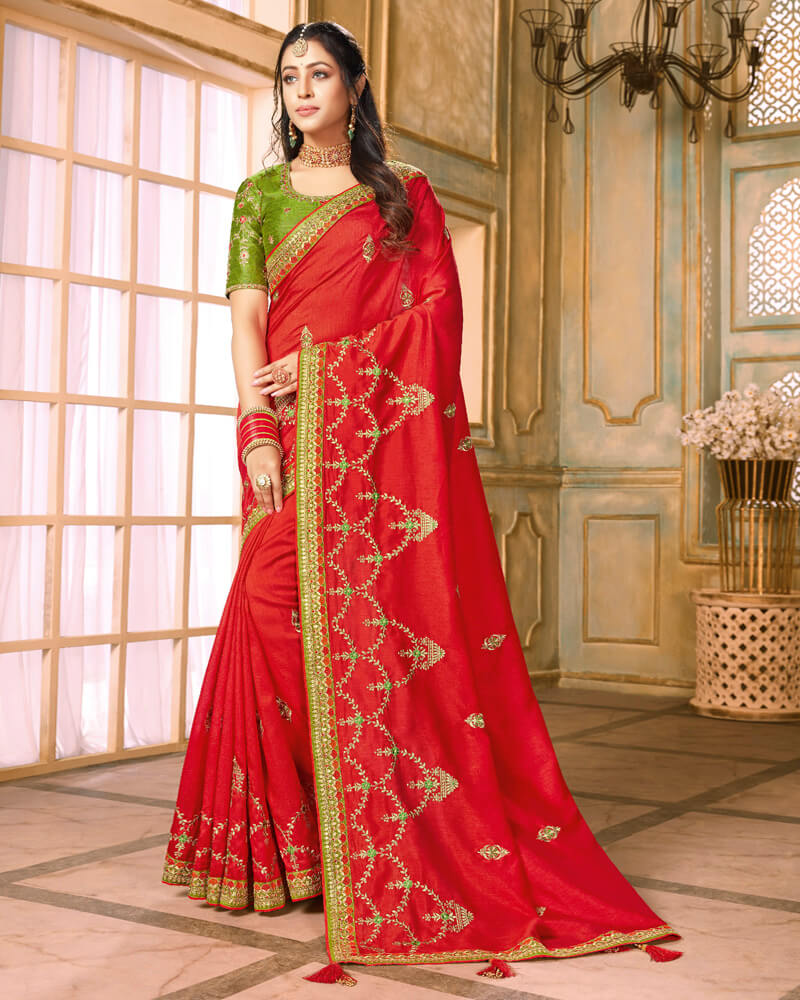 Vishal Prints Red And Mehandi Green Silk Saree With Embroidery Work And Jari Border