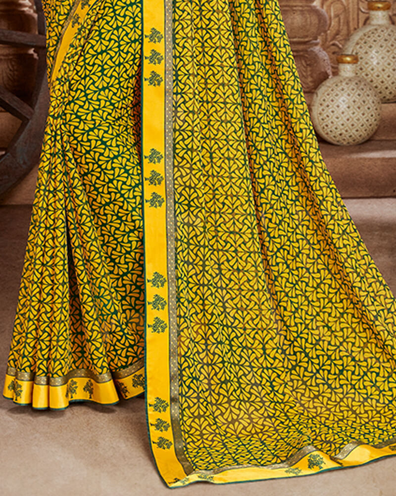 Vishal Prints Bottle Green And Yellow Georgette Saree With Jari Border