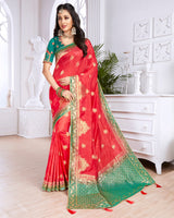 Vishal Prints Red And Green Dola Silk Weaving And Diamond Work Saree