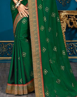 Vishal Prints Dark Green Chiffon Saree With Foil Print And Jari Border