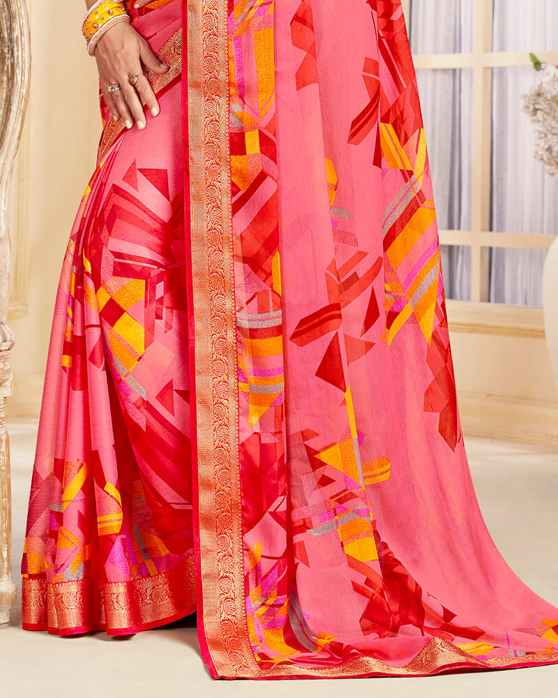 Vishal Prints Pink And Yellow Chiffon Saree With Jari Border