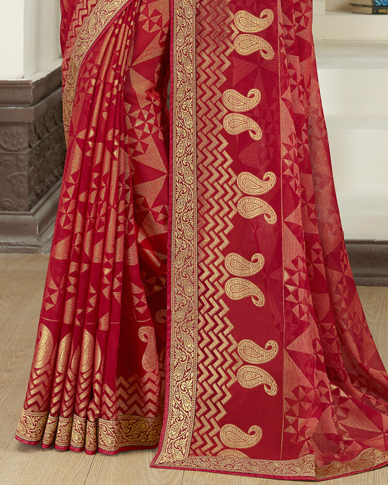 Vishal Prints Red Brasso Saree With Foil Print And Jari Border