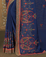 Vishal Prints Navy Blue Chiffon Saree With Embroidery And Diamond Work