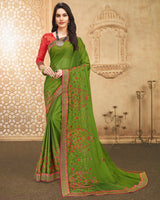 Vishal Prints Parrot Green Chiffon Saree With Embroidery And Diamond Work