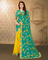 Vishal Prints Sea Green And Yellow Chiffon Saree With Embroidery And Diamond Work