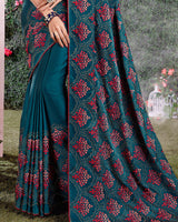 Vishal Prints Peacock Blue Satin Saree With Embroidery And Diamond Work