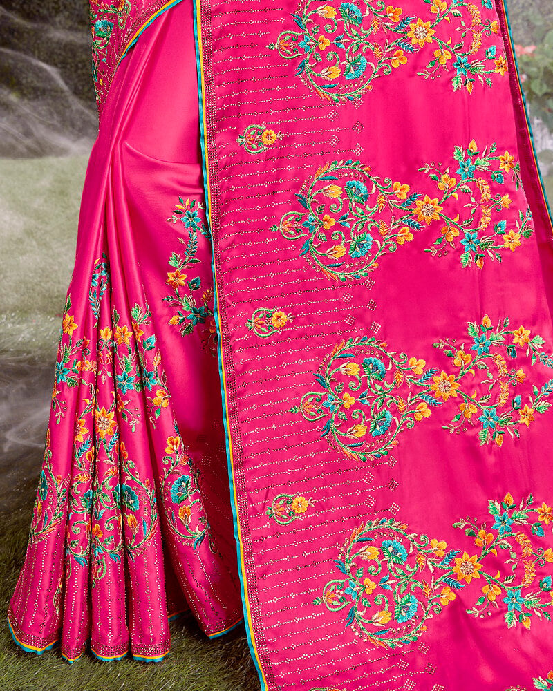 Vishal Prints Pink Satin Saree With Embroidery And Diamond Work