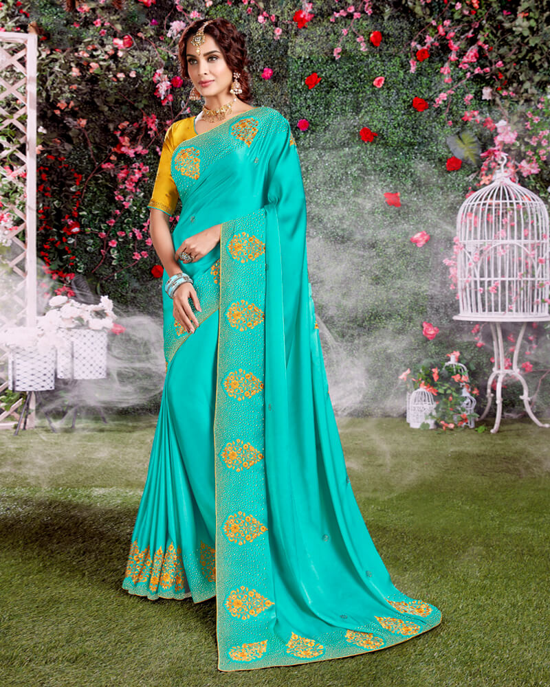 Vishal Prints Turquoise Satin Saree With Embroidery And Diamond Work