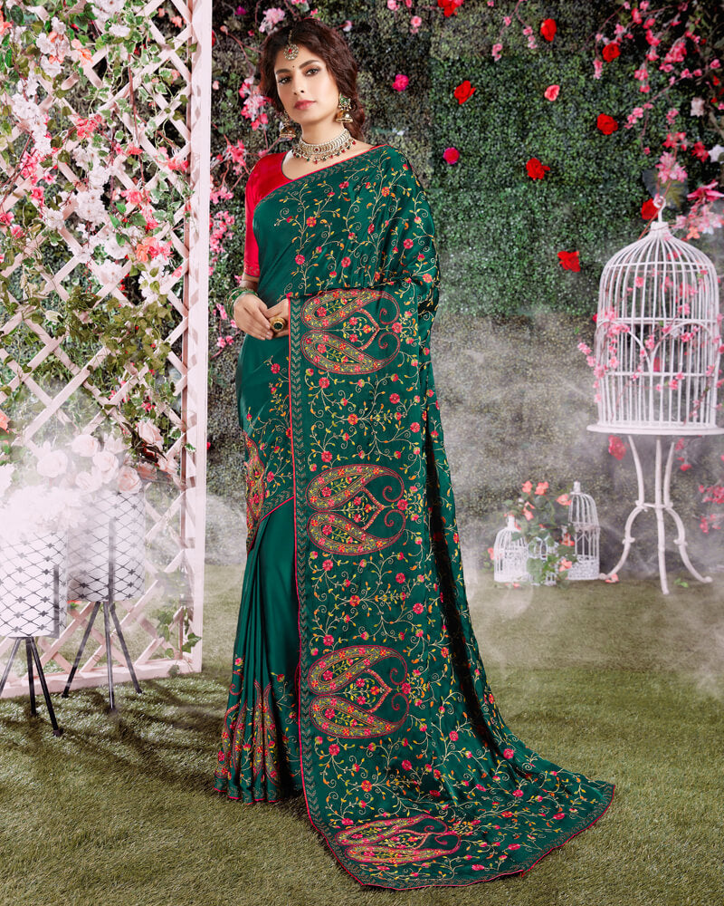 Vishal Prints Green Satin Saree With Embroidery And Diamond Work