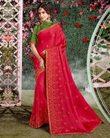 Vishal Prints Red Satin Saree With Embroidery And Diamond Work