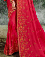 Vishal Prints Red Satin Saree With Embroidery And Diamond Work
