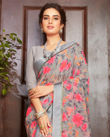 Vishal Prints Peach And Grey Floral Print Georgette Saree With Satin Border