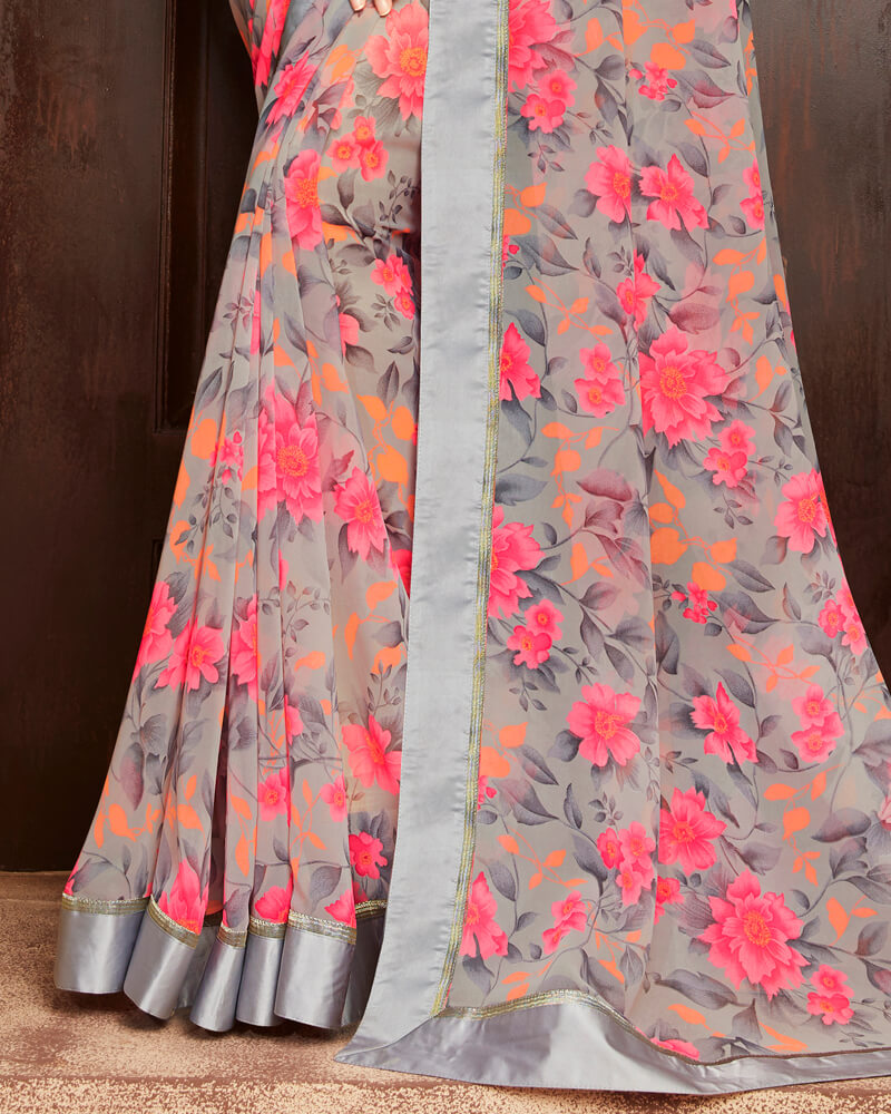 Vishal Prints Peach And Grey Floral Print Georgette Saree With Satin Border