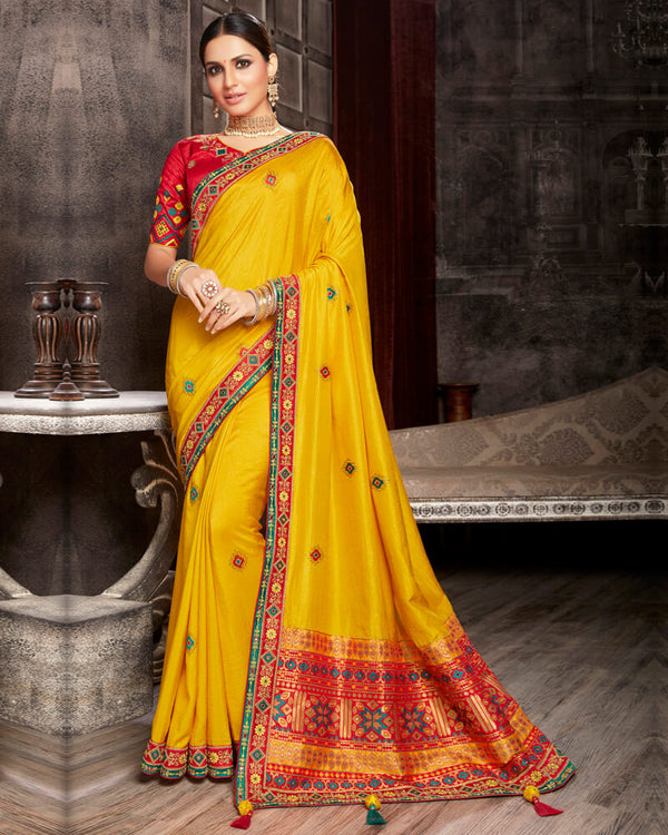 Vishal Prints Golden Yellow Silk Saree With Embroidery Work