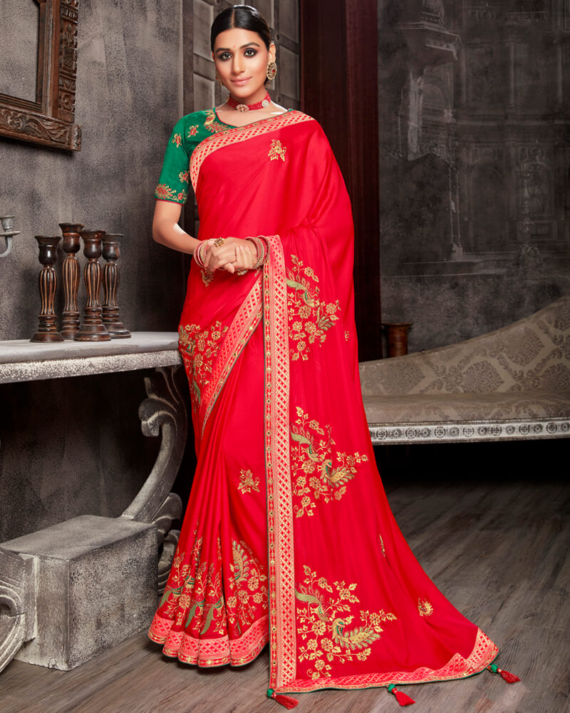 Vishal Prints Red Silk Saree With Embroidery Work
