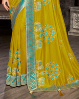 Vishal Prints Olive Yellow Silk Saree With Embroidery Work