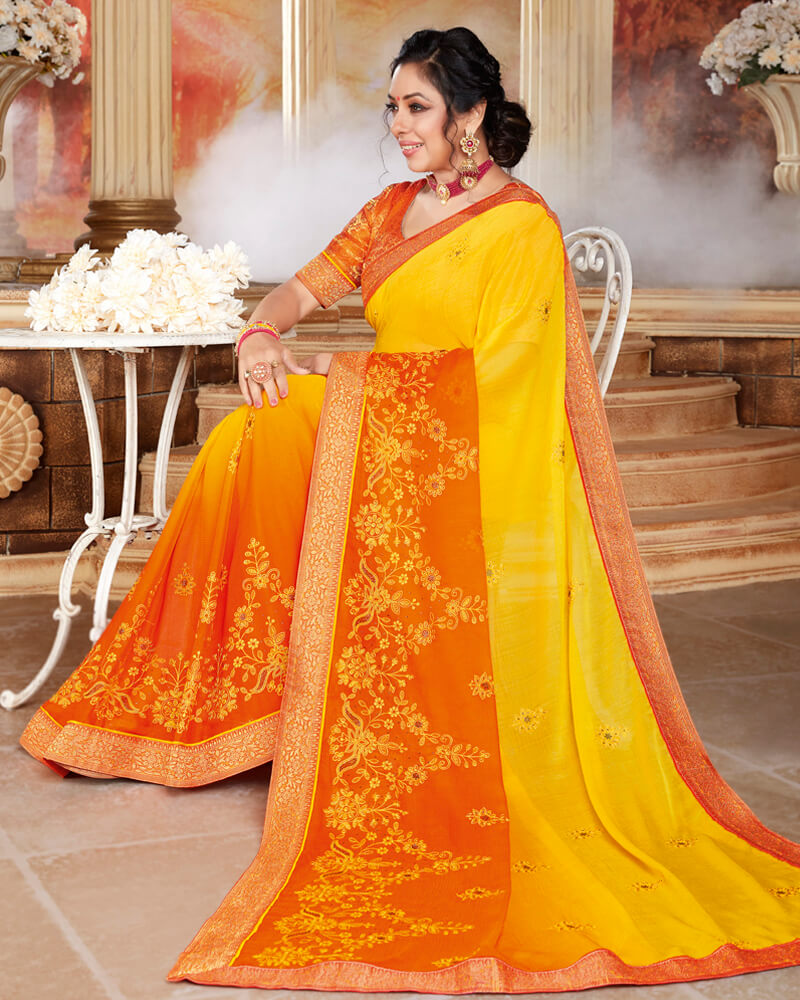 Vishal Prints Golden Yellow And Orange Chiffon Saree With Embroidery Work