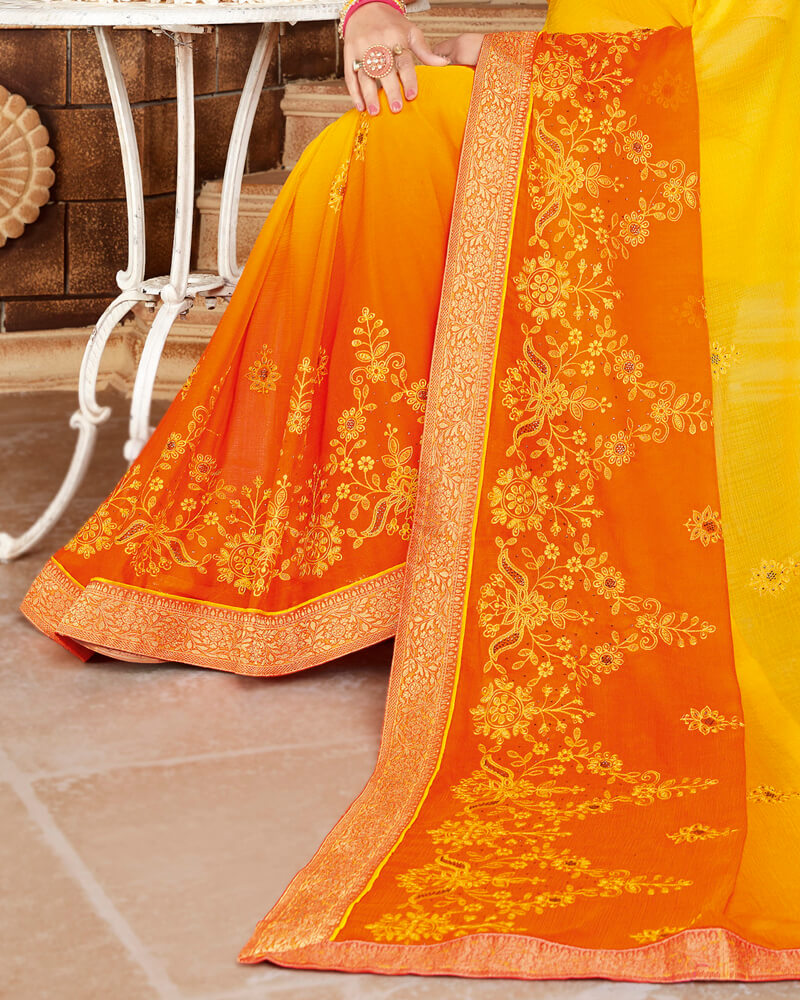 Vishal Prints Golden Yellow And Orange Chiffon Saree With Embroidery Work
