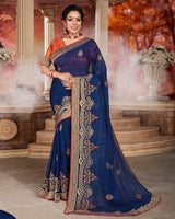 Vishal Prints Dark Blue Chiffon Saree With Embroidery Work