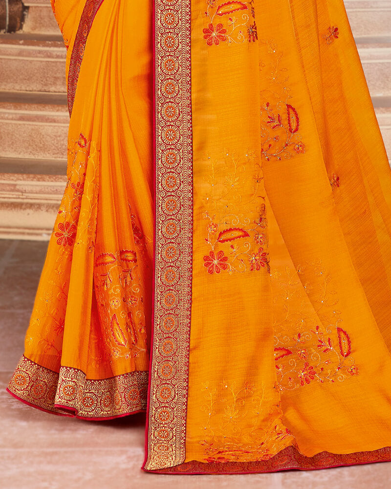 Vishal Prints Orange Chiffon Saree With Embroidery Work