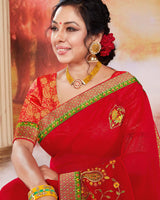 Vishal Prints Red Chiffon Saree With Embroidery Work