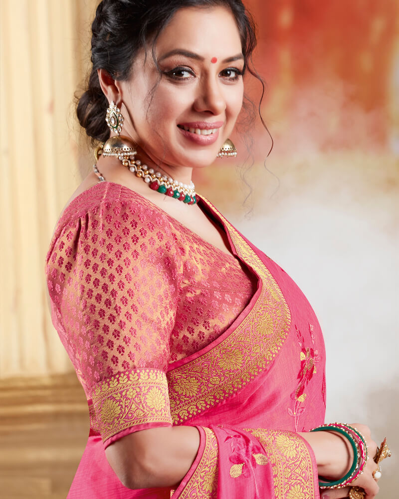 Vishal Prints Blush Pink Chiffon Saree With Embroidery Work