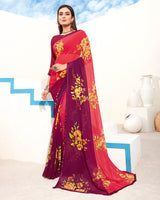 Vishal Prints Red And Purple Digital Print Georgette Saree With Piping
