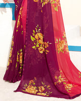 Vishal Prints Red And Purple Digital Print Georgette Saree With Piping