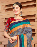 Vishal Prints Dark Grey Silk Saree With Weaving Work