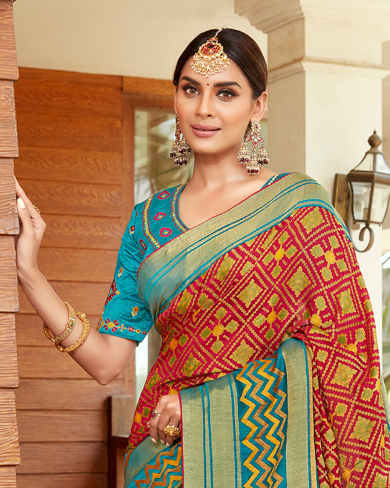 Vishal Prints Red Silk Saree With Weaving Work