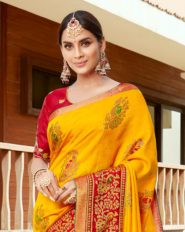 Vishal Prints Yellow And Red Silk Saree With Weaving Work