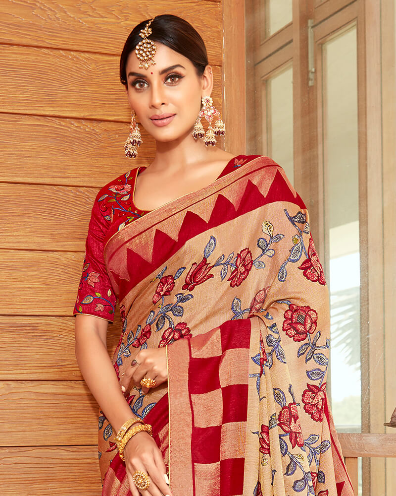Vishal Prints Red And Pastel Orange Silk Saree With Weaving Work