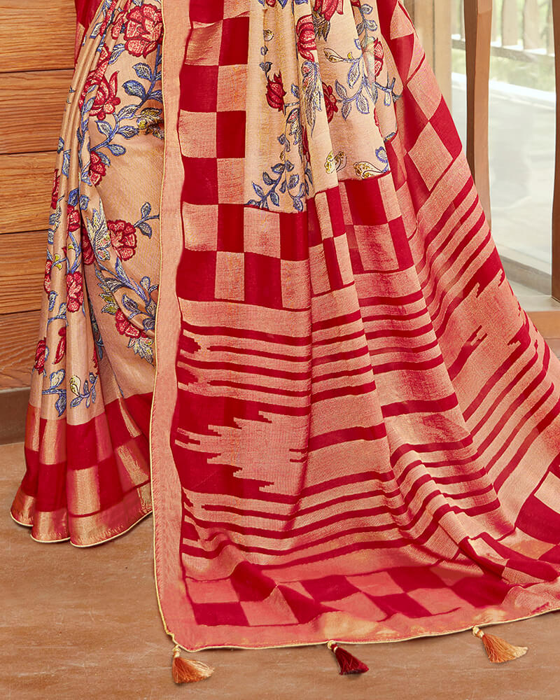 Vishal Prints Red And Pastel Orange Silk Saree With Weaving Work
